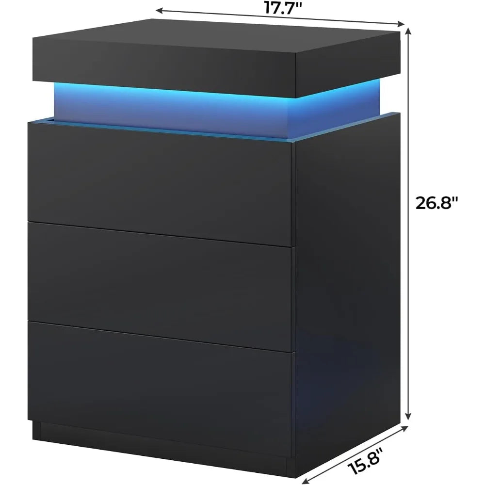 Nightstand with Charging Station and LED Lights, Led Nightstand with Sliding Top, Bedside Table with Drawers, Modern End Table S