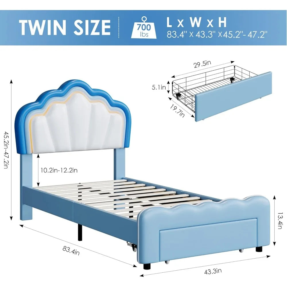 HOSTACK Twin Upholstered LED Bed Frame with Storage Drawers, Cute Boys Bed with Adjustable Lotus Headboard, Faux Leather Platfor