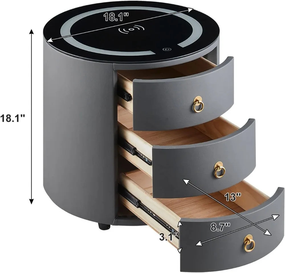 Smart Nightstand with Wireless Charging Station & LED Lights, Modern Round Bedside Table with 3 Drawers, Faux Leather End Table