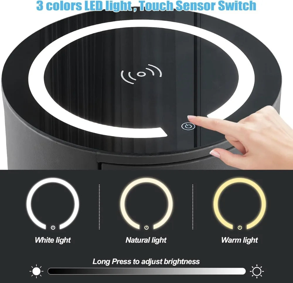 Smart Nightstand with Wireless Charging Station & LED Lights, Modern Round Bedside Table with 3 Drawers, Faux Leather End Table