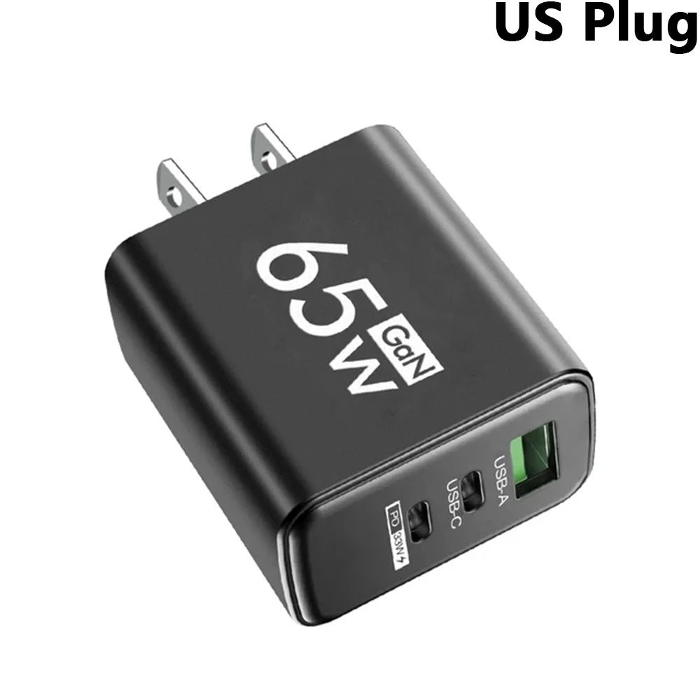 GaN 65W USB C Charger 3 Port PD Quick Charge Wall Plug Adapter For iPhone 15 14 Samsung Xiaomi Huawei EU US Travel Fast Charger