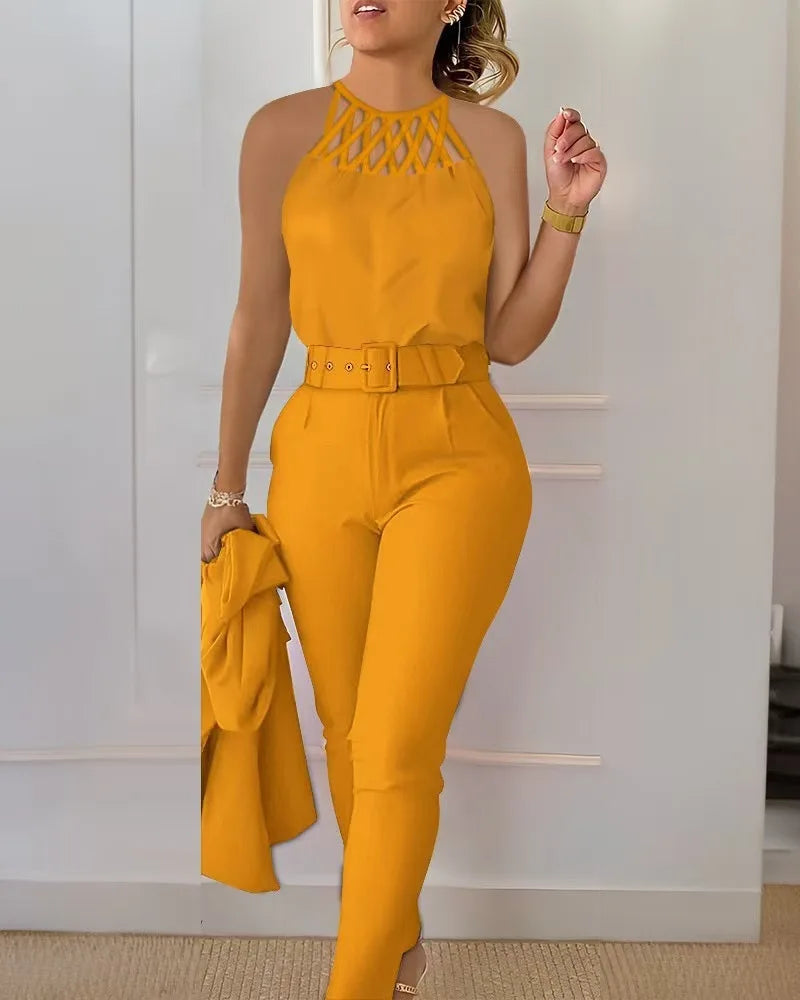 2 Piece Sets Womens Outifits Casual Fashion Slim Fit Sleeveless Top Solid Pants with Belt Suit for Female Summer Fall 2024 New