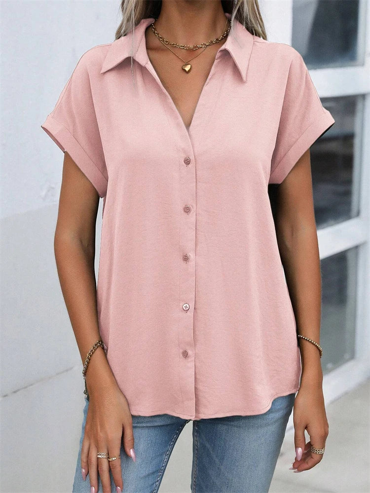 Classic Solid Color Short-sleeved Shirt Women's Summer New Casual Wind Tie Buckle Slim Short-sleeved Shirt Flip Collar Blouse