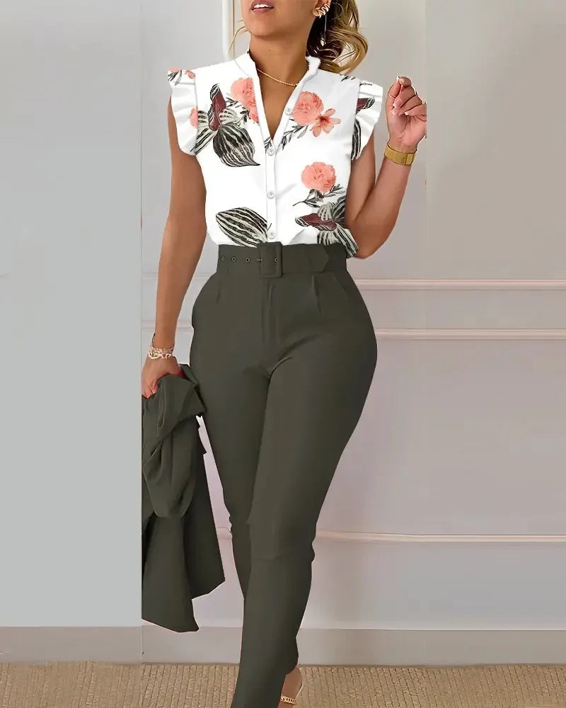 Elegant Womens Slim Two-Piece Sets Summer Fashion Print V Neck Button Flying Sleeve Shirt Top & Solid Long Pants Suits With Belt