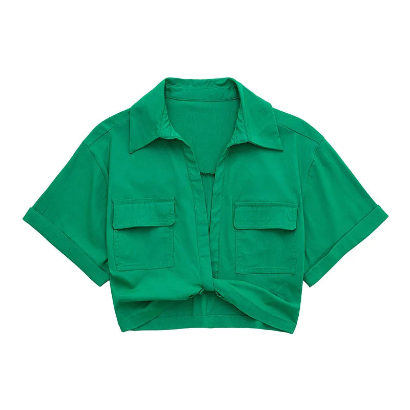 Women Safari Style Pockets Patch Knotted Linen Short Smock Blouse Lady Chic Kimono Cropped Shirt Blusas Tops
