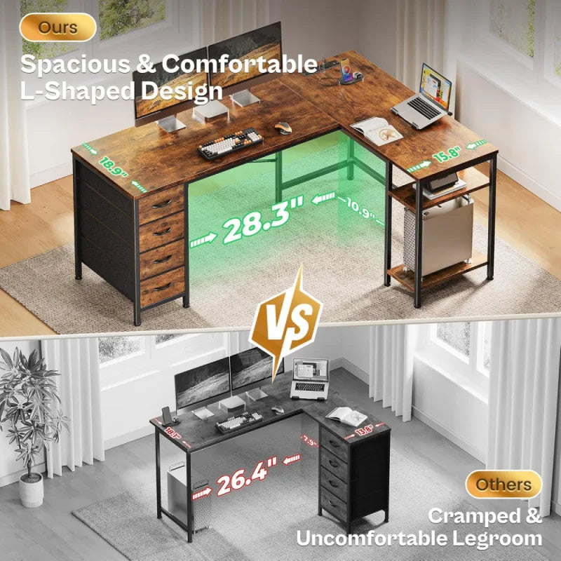 55 Inch L Shaped Desk with Fabric Drawers, Reversible Computer Gaming Desk with Power Outlets and USB-C Port, Adjustable Side S