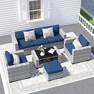 7 Piece Patio Furniture Set, Wicker Outdoor Sectional Sofa with Washable Cushion Covers and Tempered Glass Table, Rattan Convers