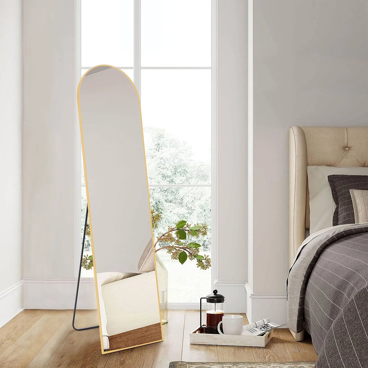 JHK-Full Length Arched Right Angle Mirror with Stand for Living Room, Sturdy Aluminum Alloy Frame, Bedroom Furniture, 59 "x 16"