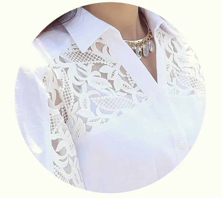 Sexy Lace Patchwork White Chiffon Button Up Shirt for Women Summer Casual Simple Loose Half Sleeve Ladies Tops Blouses Clothing