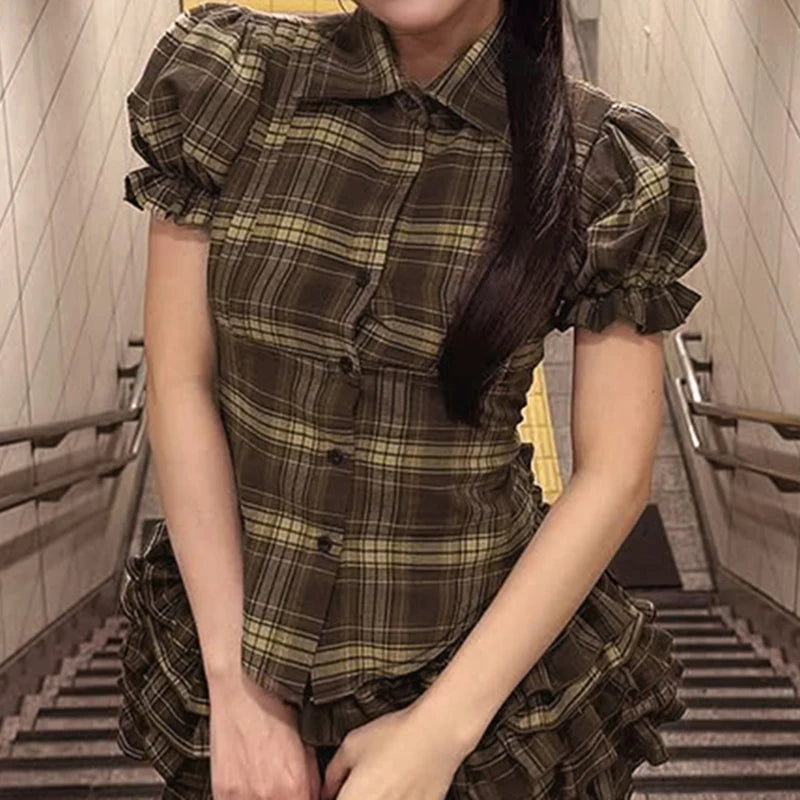 BIIKPIIK Vintage Plaid Short Sleeve Casual Shirts Gentle Sweet Turndown Collar Button Frill Puff Sleeve Shirt Spring Summer Tops