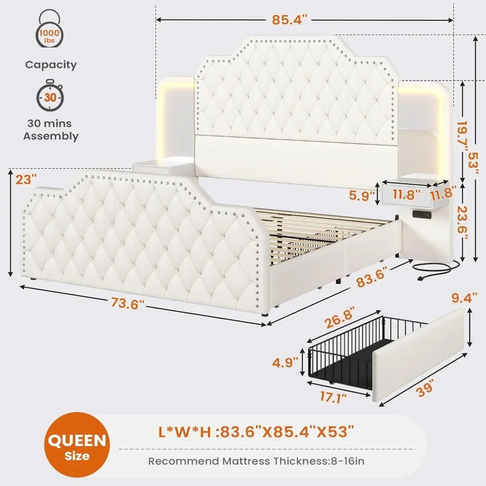 Queen Bed Frame with Headboard and 4 Storage Drawers, Leather Upholstery, Charging Station and LED, 2 Bedside Tables, Bed Frame.