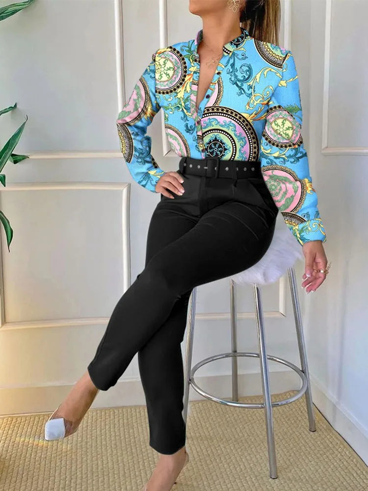 Spring New Printed Long Sleeved Shirt Suit Women's Slim Retro Stand Collar Pocket Small Foot Trousers Two Piece Set With Belt