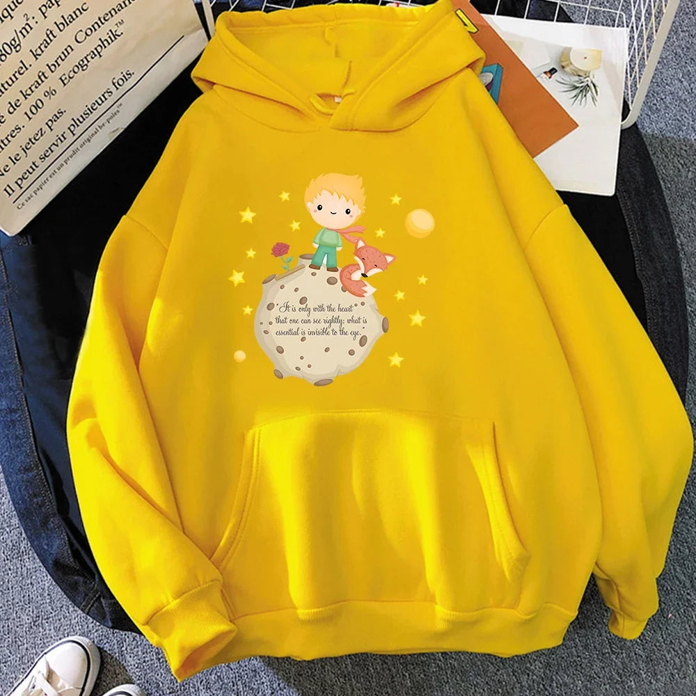 Little Prince and Fox Hoodies Women Casual Sweatshirts Kawaii Cartoon Printing Hoody Cute Clothes for Girls Graphic Hooded Tops