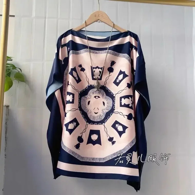 women print satin blouses summer vintage women batwing sleeve print shirts tops lady's satin tops