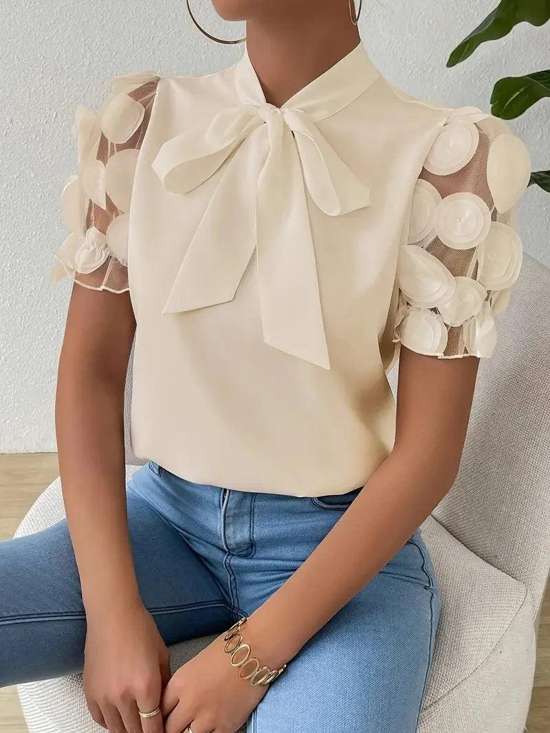 Summer Short Sleeve Blouses For Women 2025 Fashion Loose Bow O-neck White Tops Casual Ladies Shirts Elegant