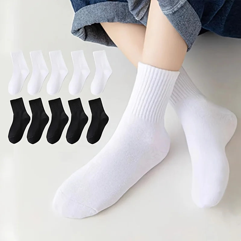 5-piece set of children's black and white solid color mid-calf socks - breathable polyester blend, ribbed texture, comfortable f