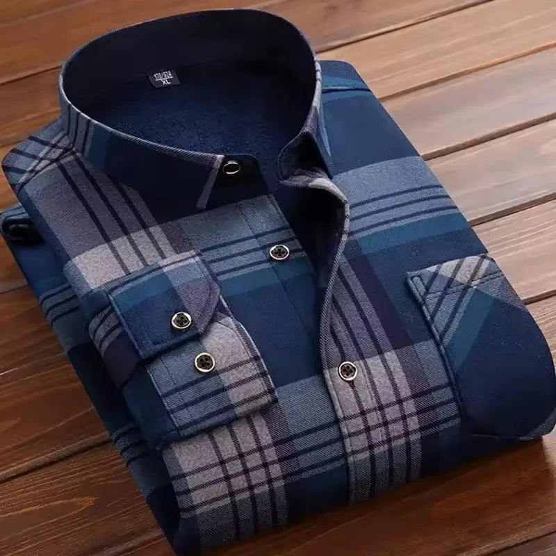 2025 Men's Autumn Winter Thick Warm Long Sleeve Plaid Shirt