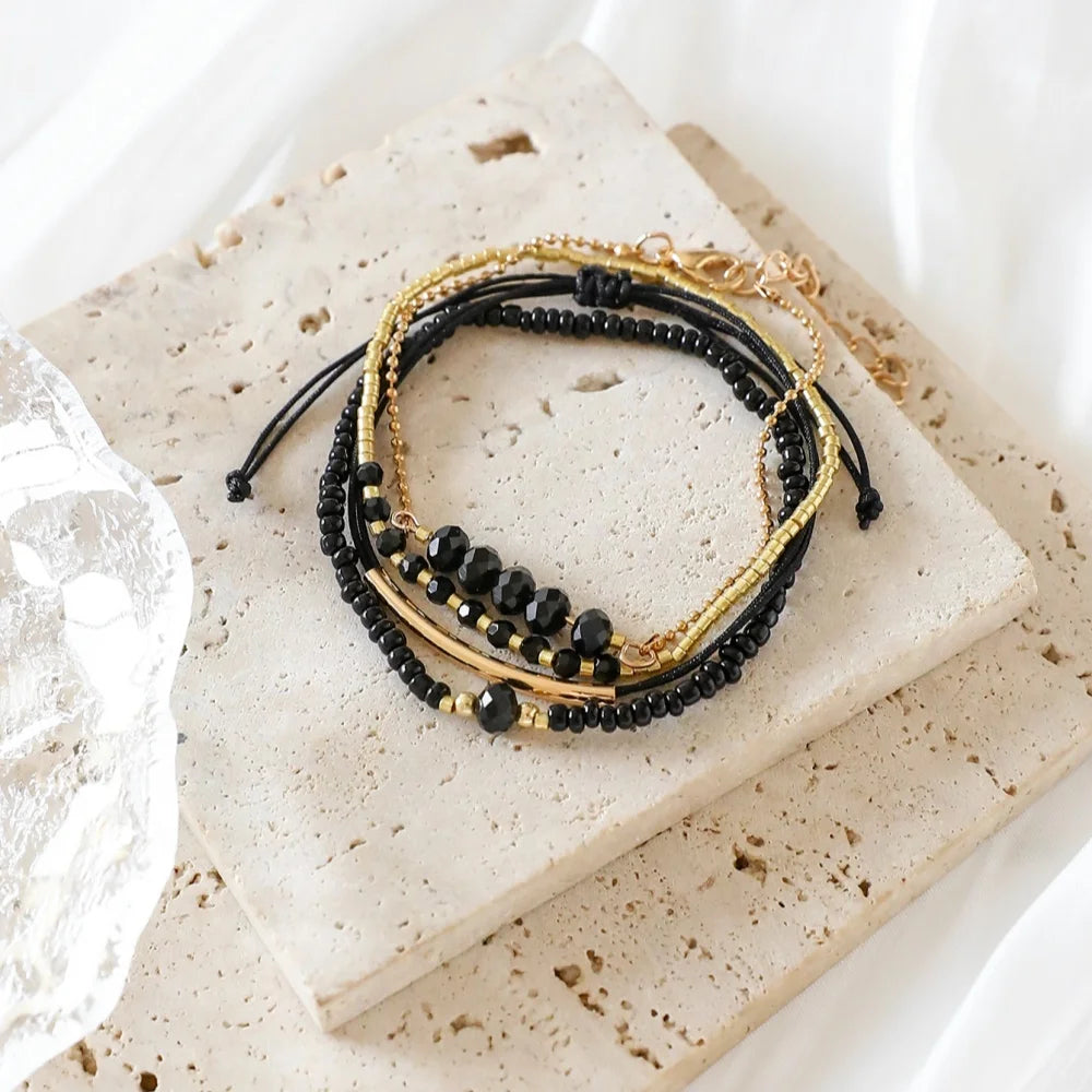 4Pcs/Set Fashion Black Glass Stone Bracelets For Women Boho Handmade Jewelry Accessories