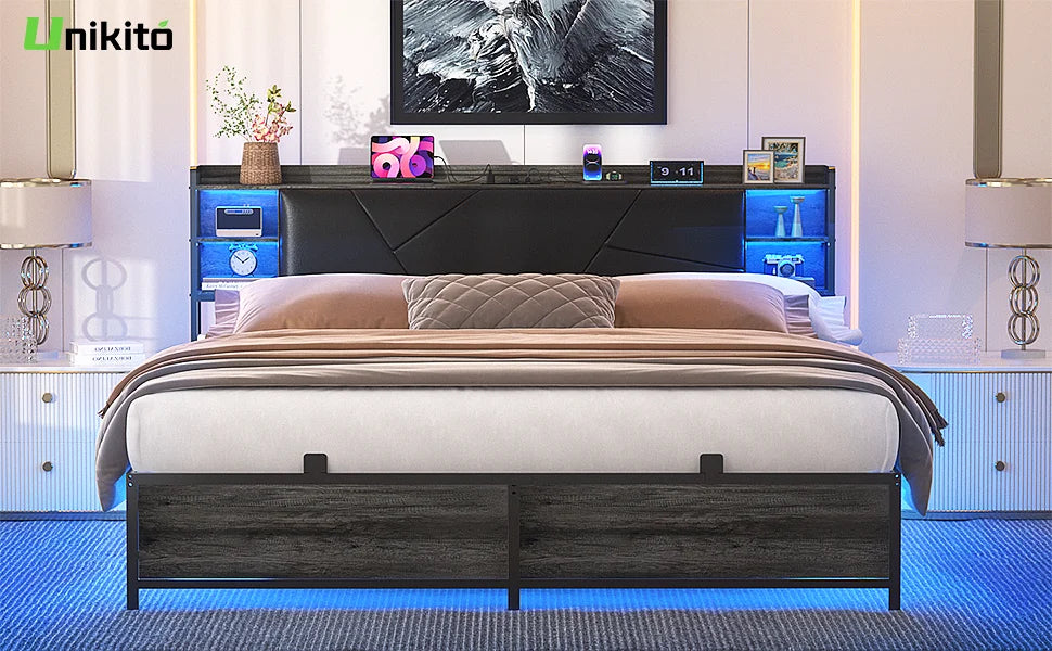 LED King Size Bed Frame with Charging Outlets & Sturdy Bed W/Upholstered Headboard, Heavy Duty Metal Slats, No Box Spring Needed