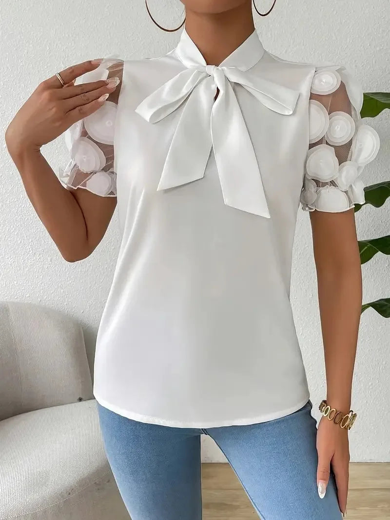 Summer Short Sleeve Blouses For Women 2025 Fashion Loose Bow O-neck White Tops Casual Ladies Shirts Elegant
