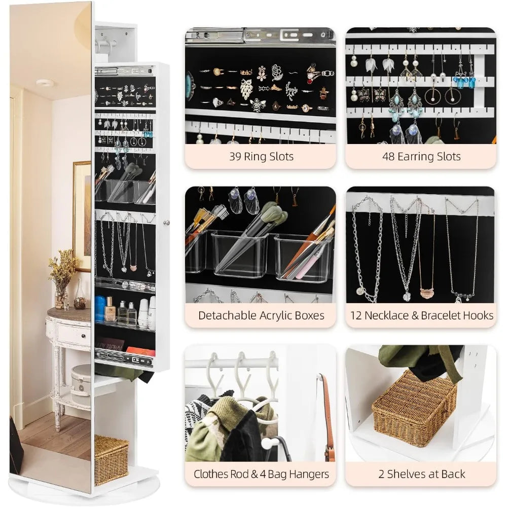 360° Swivel Jewelry Armoire with Full Length Mirror, Slide Jewelry Cabinet Rotating Freestanding Jewelry Organizer with Coat Ra