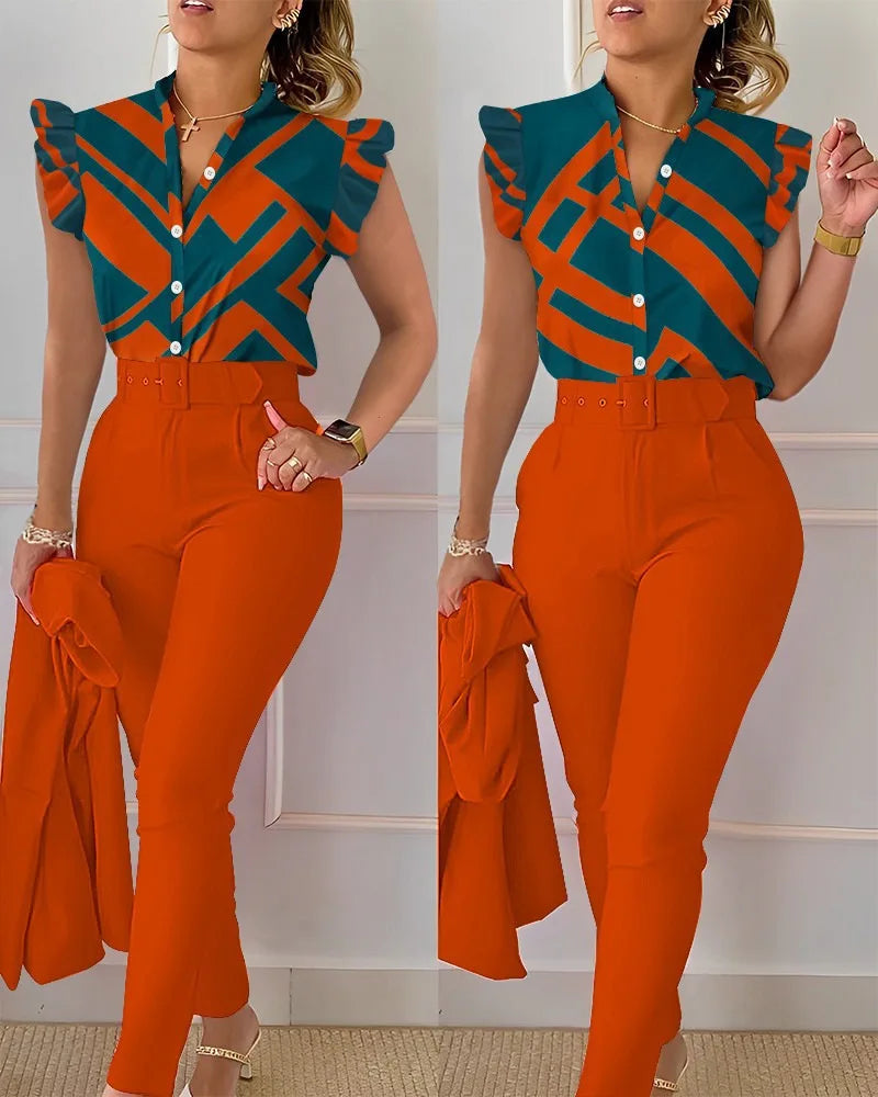 Elegant Womens Slim Two-Piece Sets Summer Fashion Print V Neck Button Flying Sleeve Shirt Top & Solid Long Pants Suits With Belt