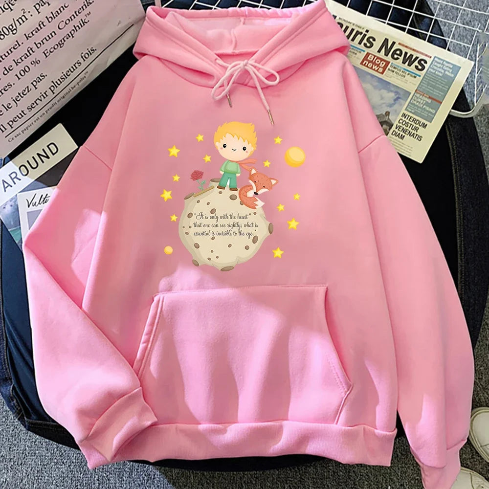 Little Prince and Fox Hoodies Women Casual Sweatshirts Kawaii Cartoon Printing Hoody Cute Clothes for Girls Graphic Hooded Tops