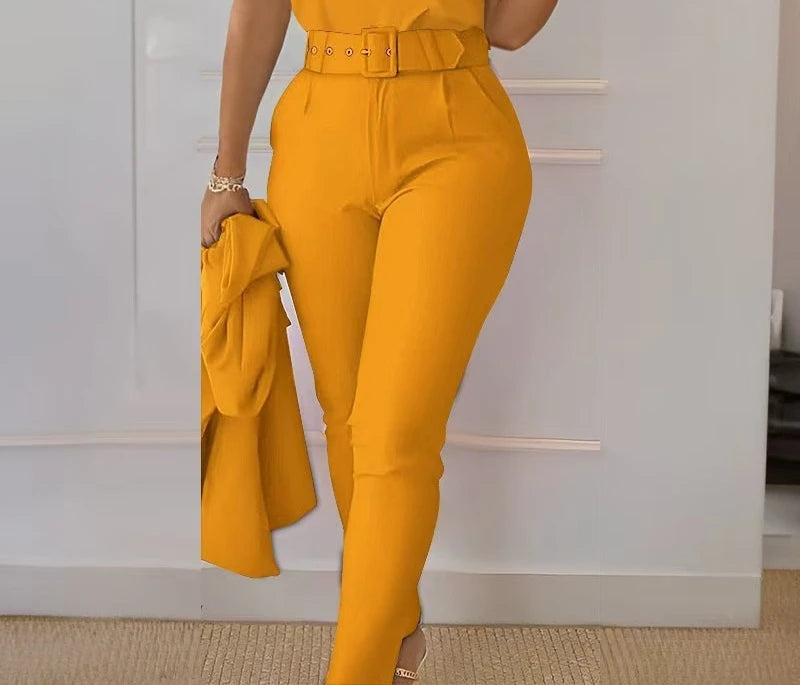 2 Piece Sets Womens Outifits Casual Fashion Slim Fit Sleeveless Top Solid Pants with Belt Suit for Female Summer Fall 2024 New