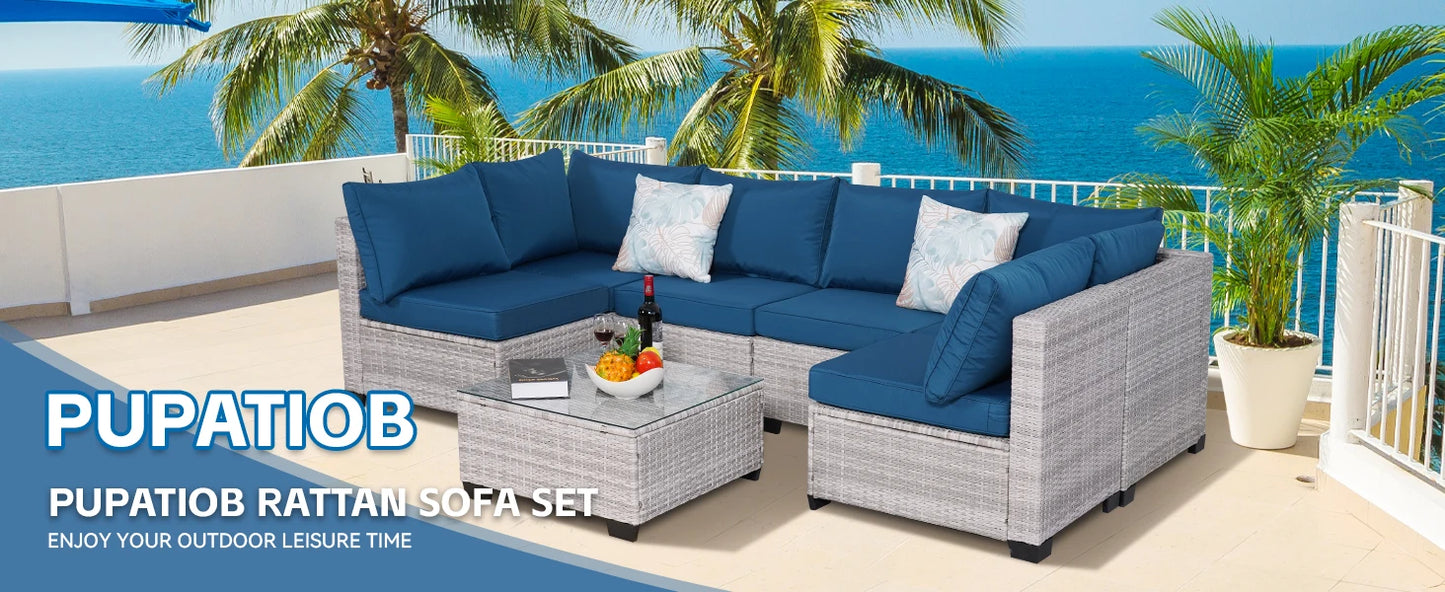 NAGA BAHNA Outdoor Patio Furniture, 7 Piece Outdoor Sectional Sofa PE Rattan Wicker Patio Conversation Sets with Thick Cushions