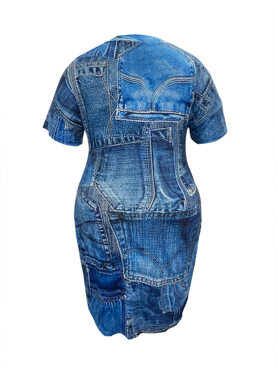 Denim V Neck Pocket Design Dress