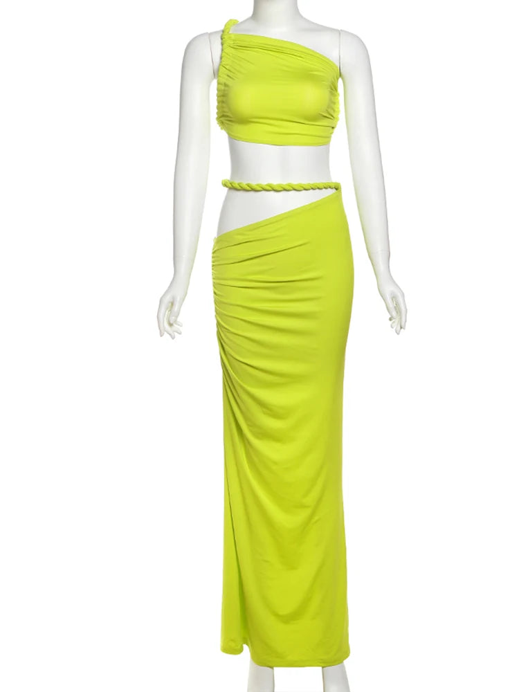 Nibber Temperament Beach Vacation 2 Piece Set Women Irregular Skew Collar Bandage Backless Tops+Ruched Skirts Summer Trend Suit