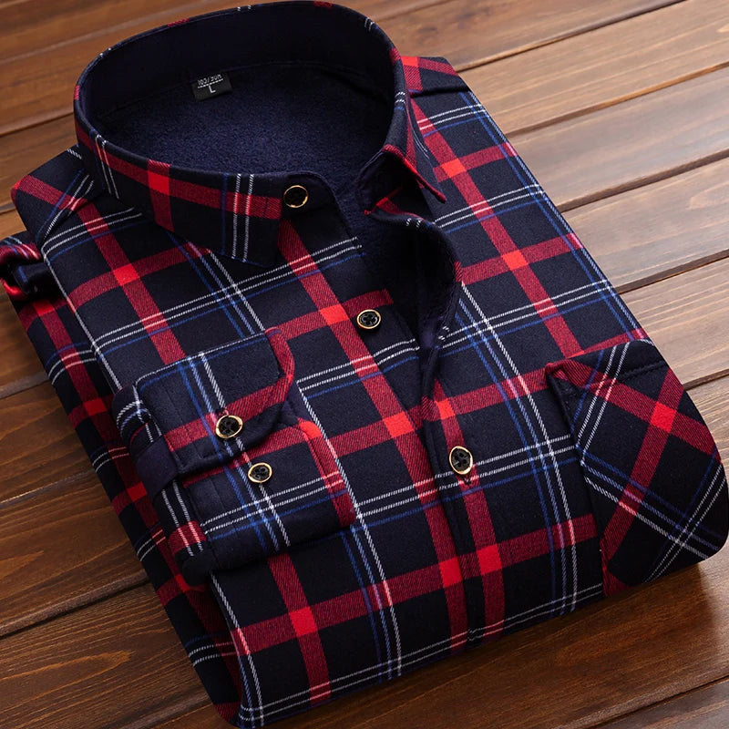 2025 Men's Autumn Winter Thick Warm Long Sleeve Plaid Shirt