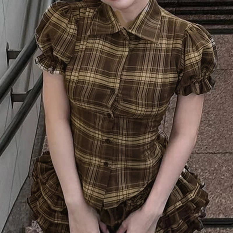 BIIKPIIK Vintage Plaid Short Sleeve Casual Shirts Gentle Sweet Turndown Collar Button Frill Puff Sleeve Shirt Spring Summer Tops