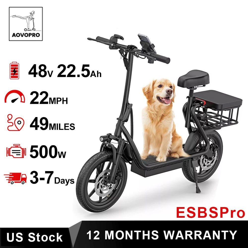 AOVOPRO 500W 14inch Electric Bicycle 10.4AH Battery 28Miles Max Range 22MPH Max Speed Shock Absorption Foldable Adult Ebike