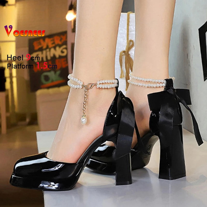 Square Toe Sandals Women 9CM Thick High Heel Summer Party Dress Shoes With White Bowknot Ankle Pearl Chain Platform Ladies Shoes