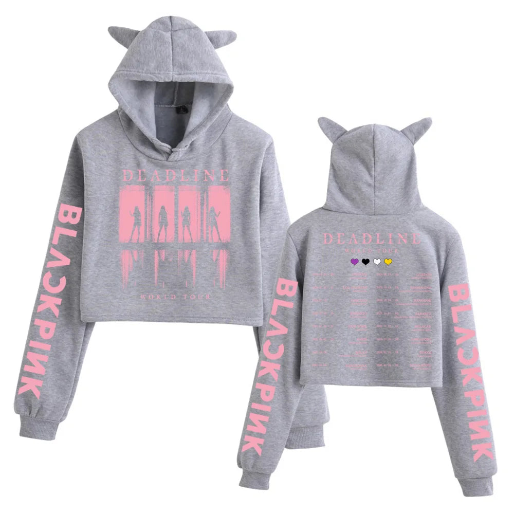 2025 BP Deadline Black World Tour Crop Tops Cat Ears Sweatshirt Long Sleeve Girls Fashion Hoodie