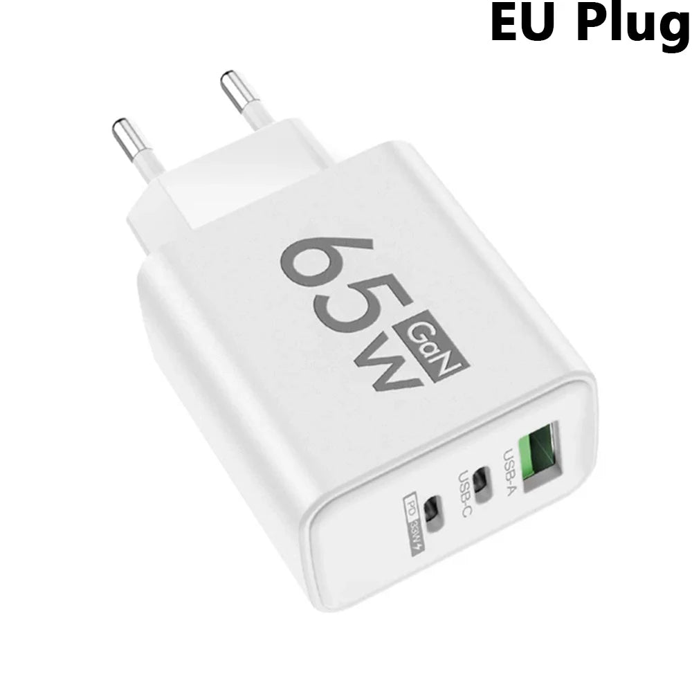 GaN 65W USB C Charger 3 Port PD Quick Charge Wall Plug Adapter For iPhone 15 14 Samsung Xiaomi Huawei EU US Travel Fast Charger