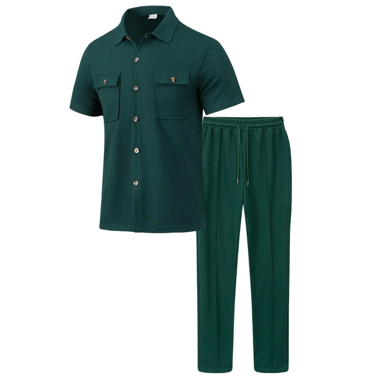 2025 New solid color button pocket shirt short sleeve trousers waffle check two-piece set, outdoor travel set spring and summer