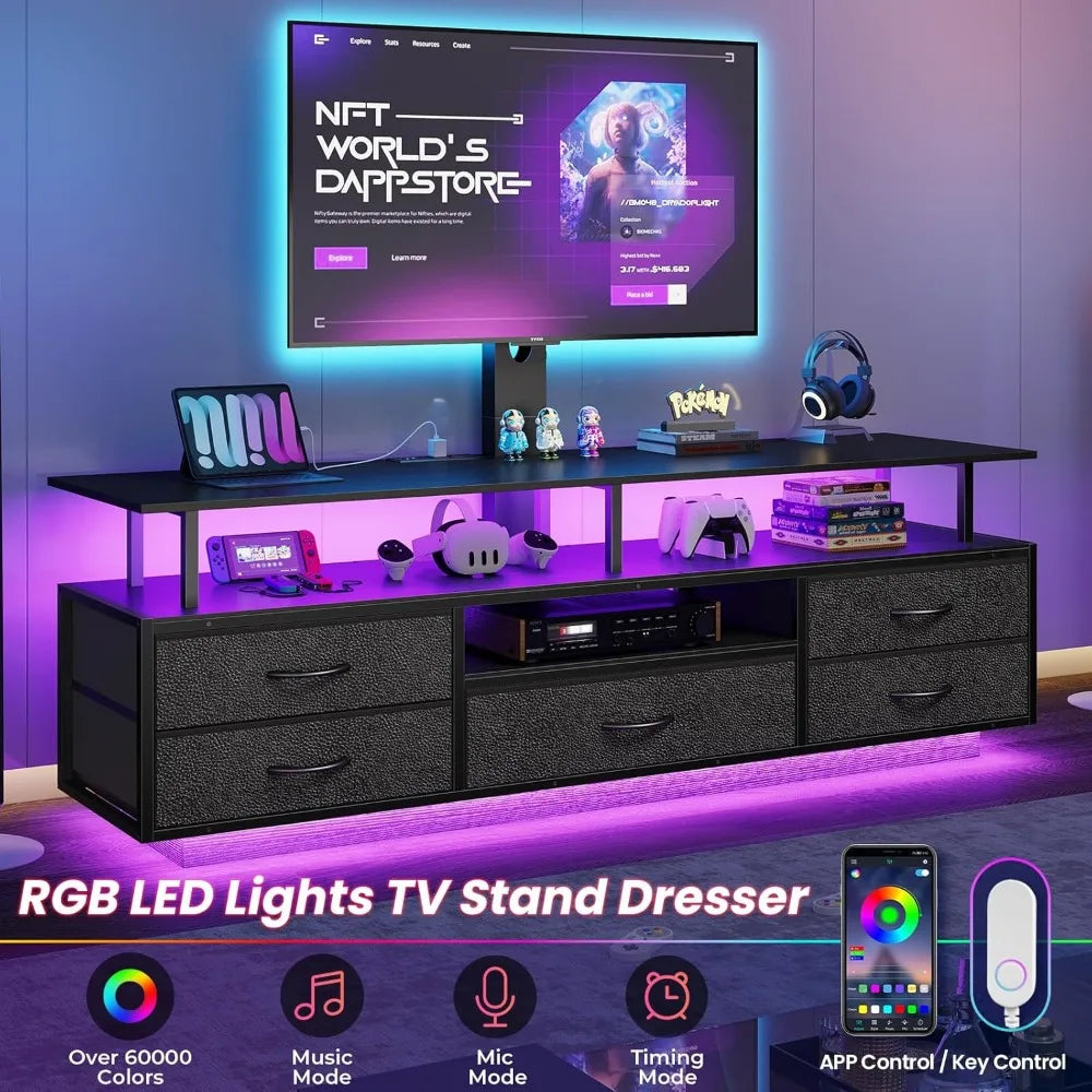 TV Stand with Mount for 32/55/65/70 inch TVs, 51.2" LED TV Stand with Power Outlets & Storage, Entertainment Center with Storage