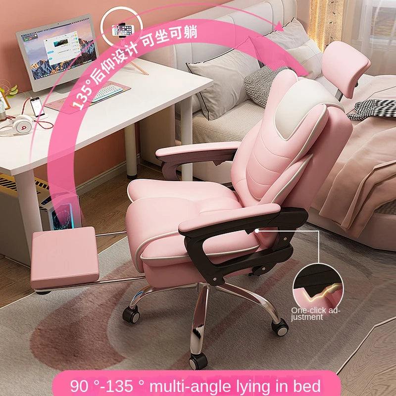 Pink Gaming Chair for Girls Home Computer Office Chair Comfortable Pink PU Leater Bedroom Sofa Reclining Writing Desk Chairs