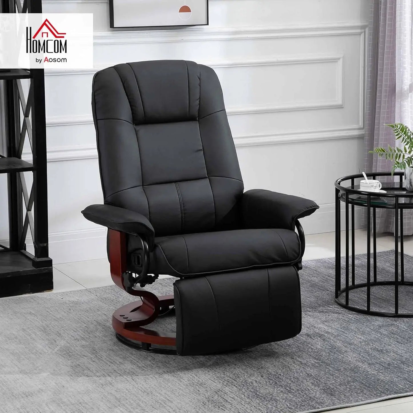 Faux Leather Manual Recliner, Adjustable Swivel Lounge Chair with Footrest, Armrest and Wrapped Wood Base for Living Room, Black