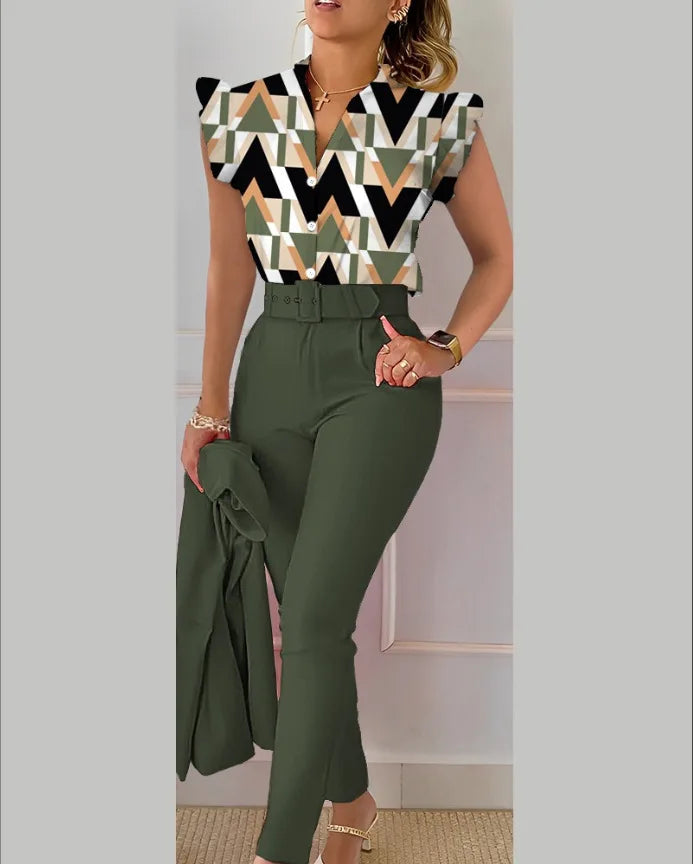 Elegant Womens Slim Two-Piece Sets Summer Fashion Print V Neck Button Flying Sleeve Shirt Top & Solid Long Pants Suits With Belt