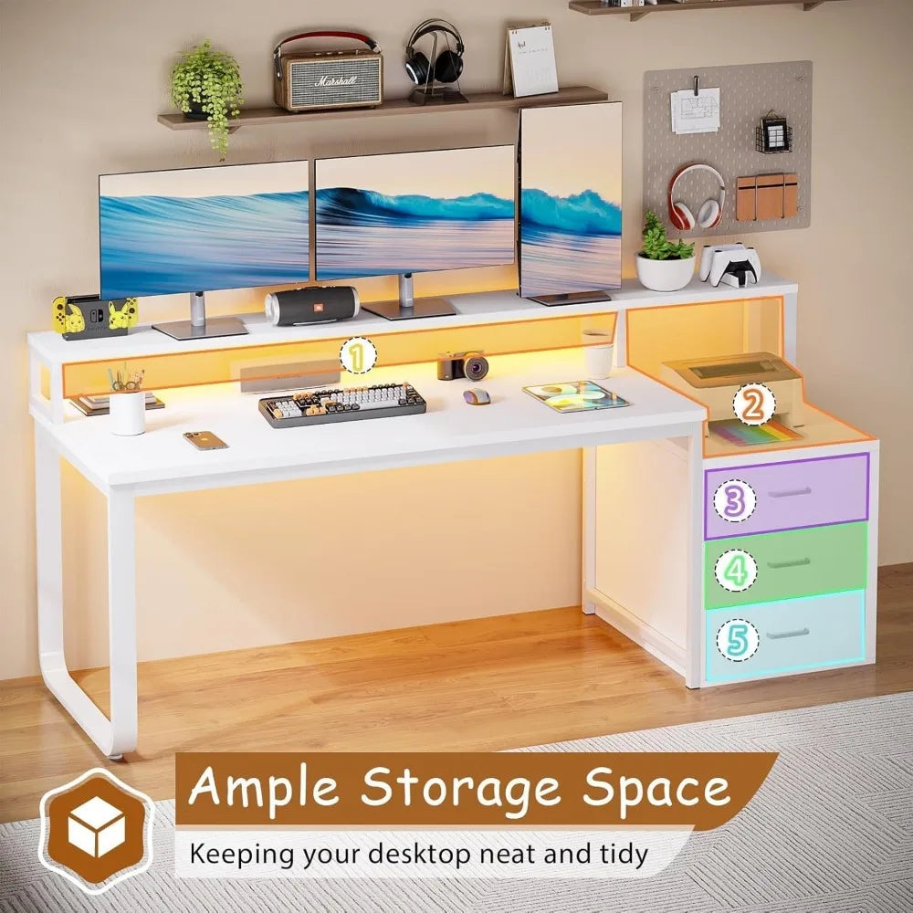 67" Computer Desk with 3 Drawers, Home Office Desk with Long Monitor Stand and Printer Space, Office Desk with Storage & LED Li