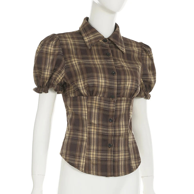 BIIKPIIK Vintage Plaid Short Sleeve Casual Shirts Gentle Sweet Turndown Collar Button Frill Puff Sleeve Shirt Spring Summer Tops