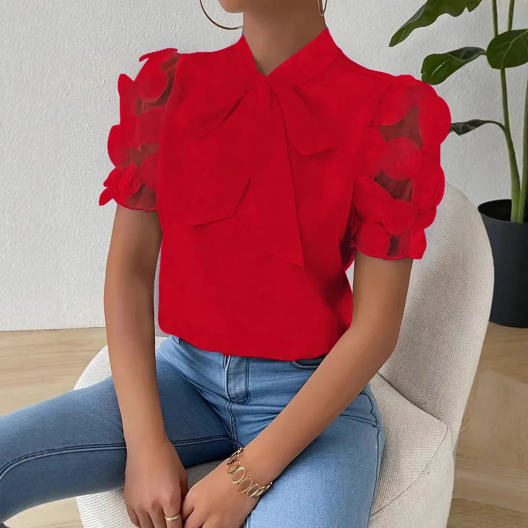 Summer Short Sleeve Blouses For Women 2025 Fashion Loose Bow O-neck White Tops Casual Ladies Shirts Elegant
