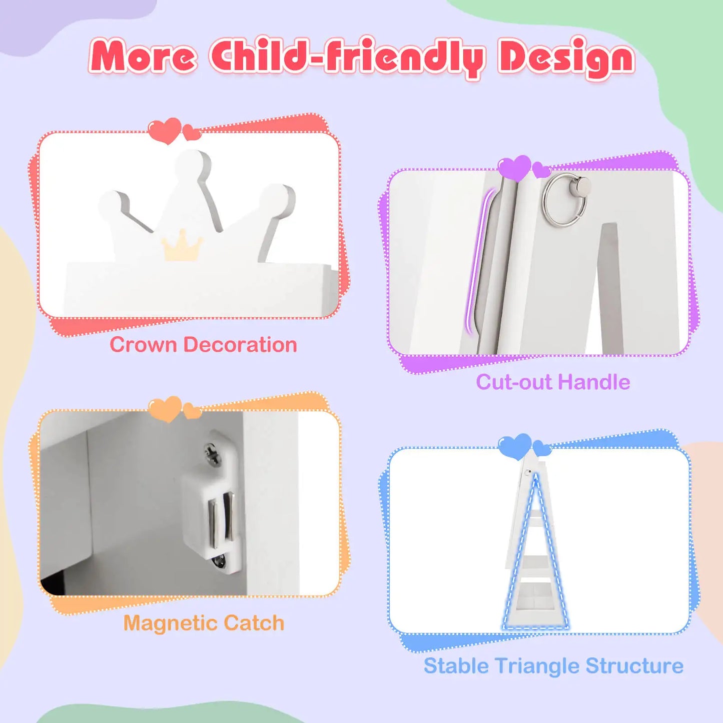 Kids Jewelry Cabinet w/ Full-Length Mirror Foldable Drawer Anti-toppling System