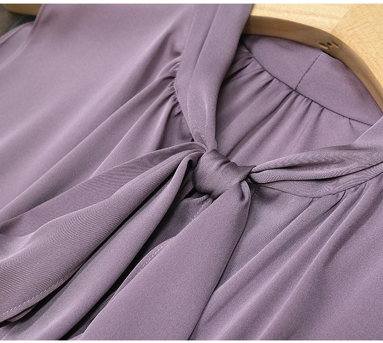 Fashion ice Silk Top Pink Acetate satin shirts blusas mujer de verano lace up bow tie Sexy elegant chiffon blouse рубашка винтаж