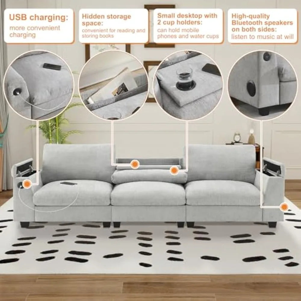 96'' Sectional Sofa with Bluetooth Speaker, with Drop-Down Table, USB Charger, Storage Armrest, Comfortable Cloud Couch