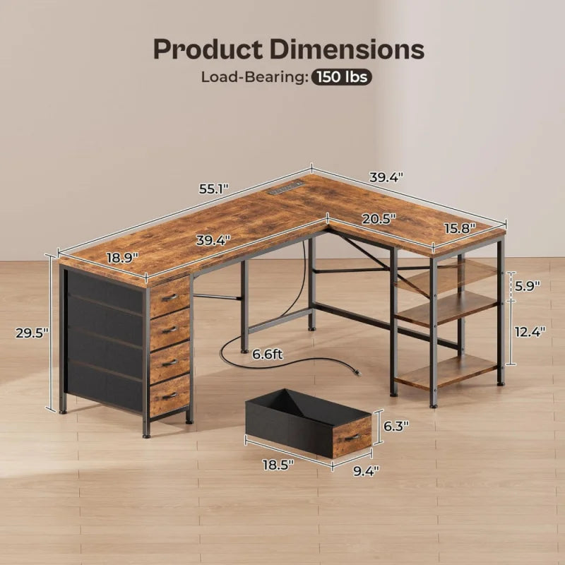 55 Inch L Shaped Desk with Fabric Drawers, Reversible Computer Gaming Desk with Power Outlets and USB-C Port, Adjustable Side S