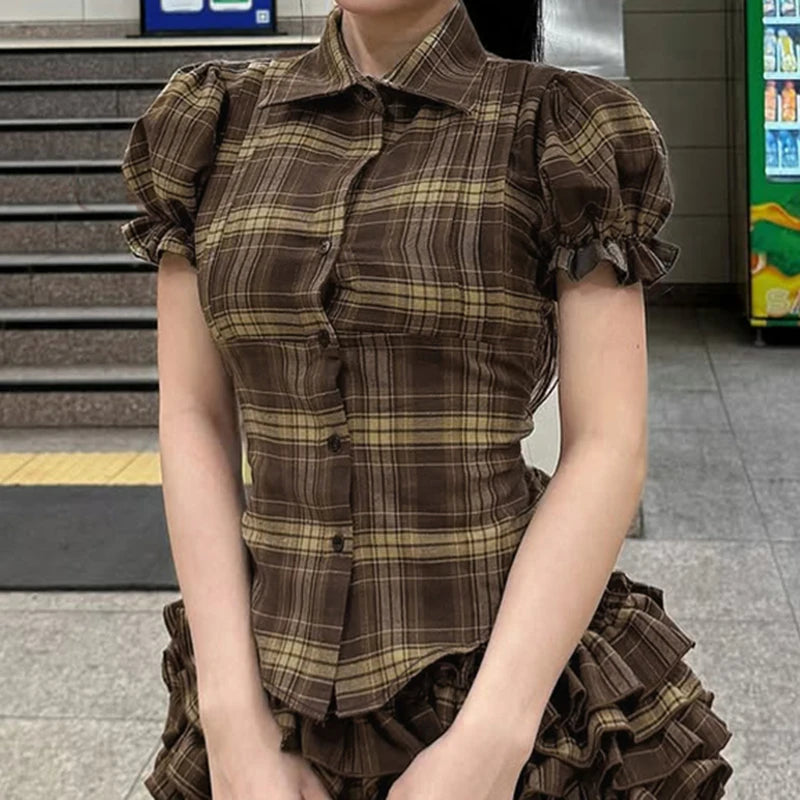 BIIKPIIK Vintage Plaid Short Sleeve Casual Shirts Gentle Sweet Turndown Collar Button Frill Puff Sleeve Shirt Spring Summer Tops